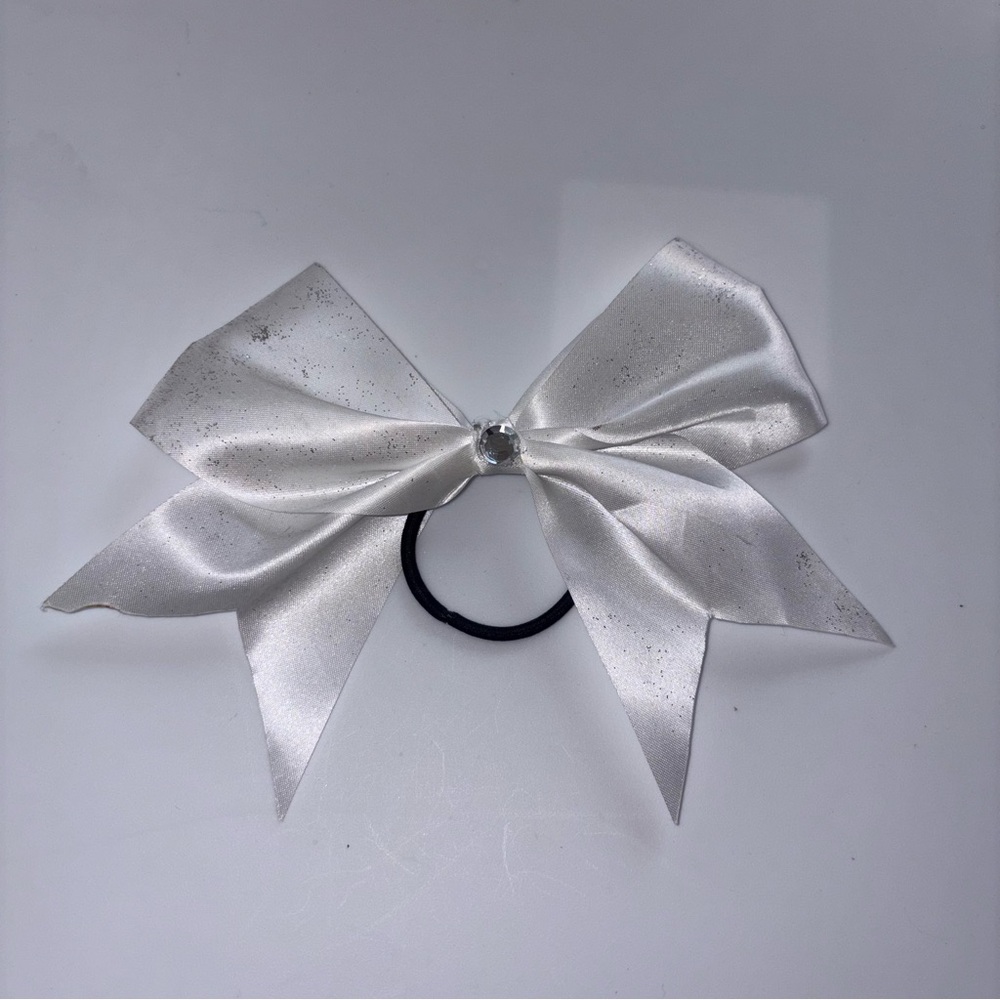 Homemade Sparkly White Cheer Bow with Rhinestone Detail